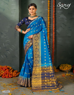 blue saree - nylon silk with jacquard butti with jari border | blouse - naylon silk fabric jacquard butti work ethnic 