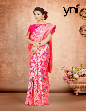 pink poly silk fabric jacquard + weaving work party wear 