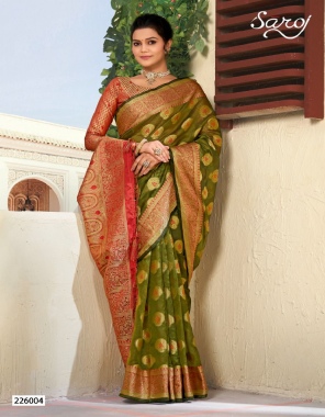 green saree - soft organza with butta and jari border | blouse - silk brocade fabric jari border work ethnic 