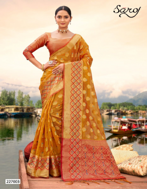 yellow saree - soft organza with butta and jari border | blouse - silk brocade fabric jari border work festive 