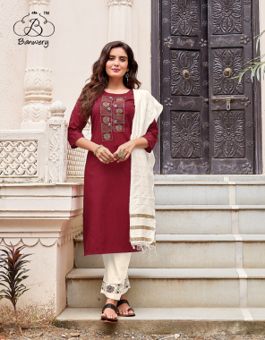 maroon top - heavy cotton weaving lining with heavy embroidery work | pant - heavy cotton with embroidery and stylish pattern | dupatta - pure naylon viscose with weaving jari lining | top - 46 inch length  fabric weaving work casual 
