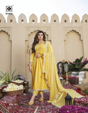 yellow top - heavy maslin with embroidery work and silver or gold print | bottom - heavy maslin silver or gold print patiyala and pant style | dupatta - pure chinon gold or silver prints and four side printed less patti work and extra  fabric embroidery work running 