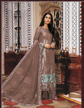brown top - heavy fox georgette with embroidery work with sequance | bottom - santoon | dupatta - heavy nazneen with embroidery work with sequance with 4 side less | size - max up to 58 | length - max up to 48 [ master copy ] fabric embroidery work casual 