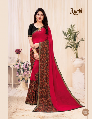 red georgette with attached banarasi border  fabric printed work festive 