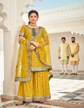 yellow top - faux georgette with embroidery work | inner - dual santoon | dupatta - georgette & net & nazmin with embroidery work | plazo - faux georgette with santoon inner with embroidery & front & back work plazo  fabric embroidery work casual 