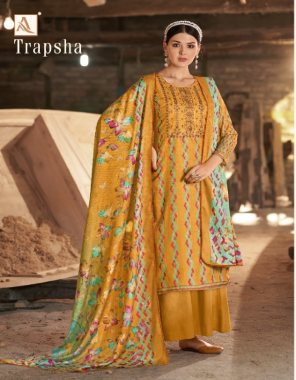 yellow top - pure wool pashmina digital print with embroidery & swarovaski diamond | bottom- pure wool pashmina soild | dupatta - pure wool pashmina digital print dupatta with four side lace fabric digital printed + embroidery work festive 