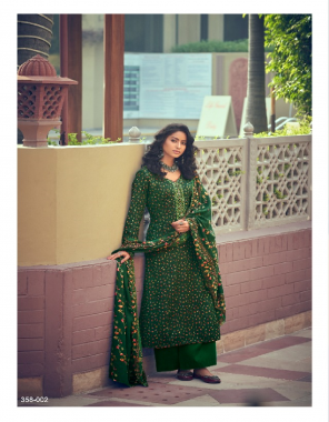 dark green top - 100% pure pashmina digital style print with heavy embroidery work ( 2.50 m) | dupatta - 100% pure pashmina shawl ( 2.30 m) | bottom - pure pashmina spun ( 3 m approx ) fabric heavy embroidery work work ethnic 