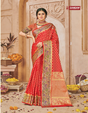 red banarasi silk fabric jacquard + weaving work festive 