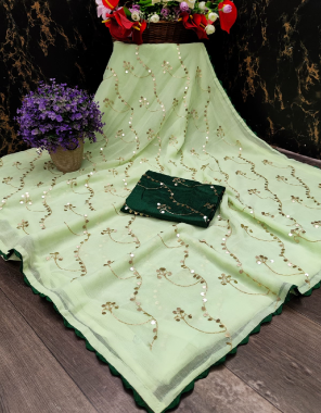 green chiffon fabric fancy work work ethnic 