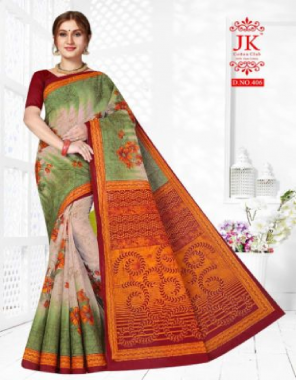 green saree - pure cotton ( 5.50 m ) | blouse - cotton printed ( 0.80 m) fabric printed work festive 