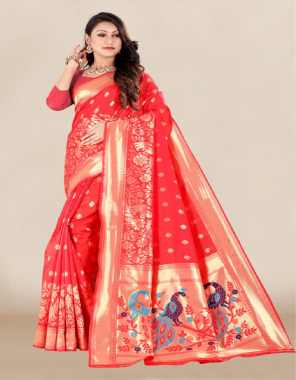 red banarasi silk fabric jacquard + weaving work casual 