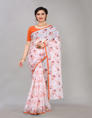 white white base linen cotton printed saree | banglory satin contrast | blouse - silver zari lining  fabric printed work festive 