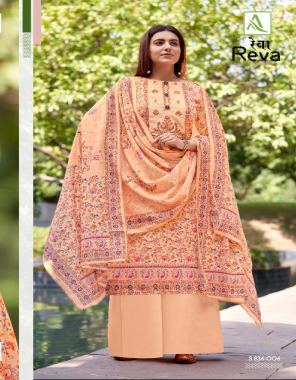 peach top - pure wool pashmina digital print with embroidery and swarovski diamond | bottom - pure wool pashmina soild | dupatta - pure wool pashmina digital print dup with four side lace fabric digital printed + embroidery work casual 