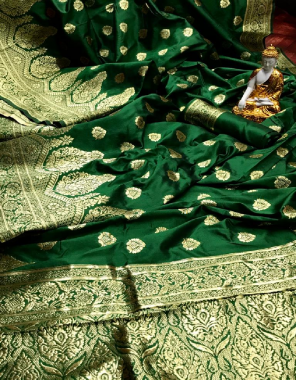 dark green saree - soft banarasi lichi silk with gold jari | blouse - tone to tone color with gold belt on border  fabric golden jari + jacquard  work party wear 