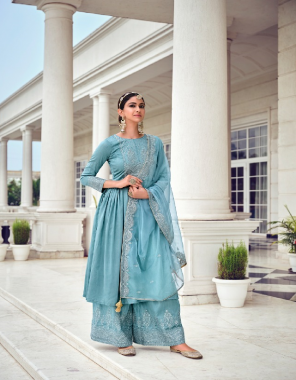 sky blue top - pure kantal silk with embroidery work | dupatta - pure organza with four side embroidery work | plazo - pure  fabric embroidery work ethnic 