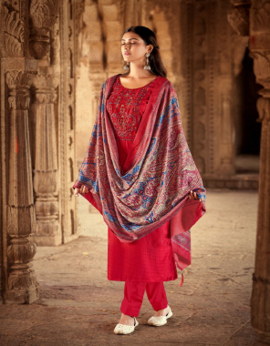 red top - pashmina jacquard self print with exclusive embroidery work ( 2.50 m) | bottom - heavy pashmina spun ( 3.00 m) | dupatta - twill pashmina shwal printed ( 2.25 m) fabric embroidery work festive 