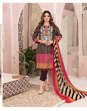 brown top - pure lawn ( 2.50 m approx) | bottom - pure lawn ( 2.00 m approx) | dupatta - pure cotton mal mal ( 2.25 m)  fabric printed work casual 