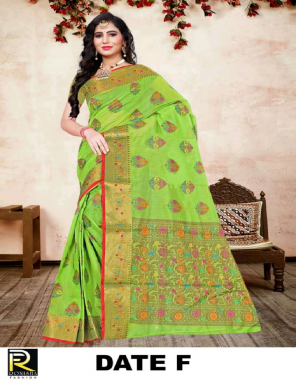 parrot green soft cotton silk pallu weaving meena work  fabric jacquard + embroidery work casual 