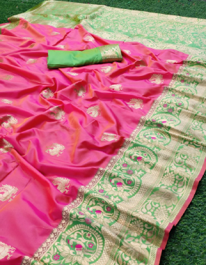 pink banarasi silk fabric jacquard + weaving work festive 