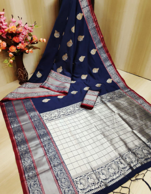 navy blue banarasi silk fabric jacquard + weaving work casual 