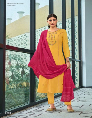 yellow top - heavy pure muslin with embroidery and fancy sleeve work | bottom - heavy pure muslin with embroidery work pant | dupatta - viscose fancy 3mm weaving sequance work fabric embroidery work casual 
