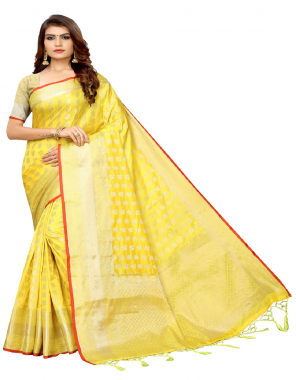 yellow banarasi silk  fabric jacquard + weaving work casual 