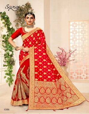 red saree - pallu banarasi silk repair jacq with heavy pallu and vichitra silk with jari work | blouse - banglori silk with embroidery work  fabric jacquard + weaving work casual 