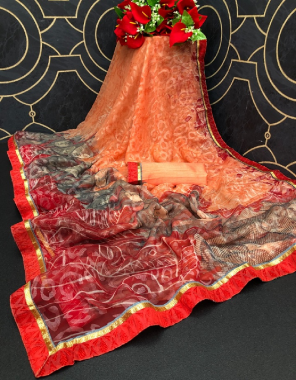 orange brasso silk fabric printed work festive 
