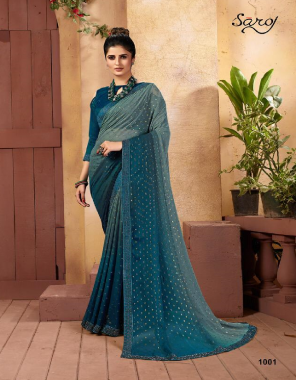 rama blue saree - georgette sona chandi 1000 butti colore pending with swarovski border | blouse - banglori silk fabric fancy work work ethnic 