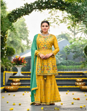 yellow top ( free size stitch ) - heavy chinon silk with heavy exclusive embroidery front & back both side with heavy daimond work also | dupatta - heavy chinon 4 side lace & samosa lace | bottom ( garara stitch ) - heavy chinon silk with embroidery front & back side daimond also | inner - dull santoon  fabric embroidery work casual 