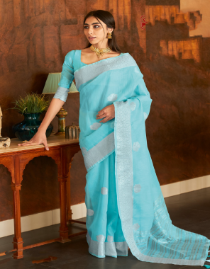 sky blue linen  fabric jacquard + weaving work casual 