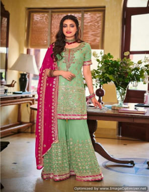 green top - faux georgette with embroidery work with heavy fancy lace | dupatta - faux georgette & net with embroidery work | plazzo - faux georgette with embroidery plazo fornt & back work  fabric embroidery  work casual 