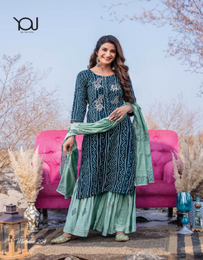 blue top - finest quality of pure bandhani rayon with heavy work with sharara ( finest quality ) heavy fancy printed dupatta  fabric bandhani printed work ethnic 