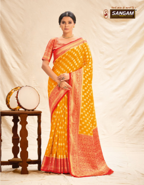 orange banarasi silk fabric jacquard + weaving work festive 