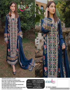 navy blue top - cambric  cotton with heavy embroidery | bottom - pure cotton | dupatta - nazmin with heavy embroidery & digital printed [ pakistani copy ] fabric heavy embroidery work casual 