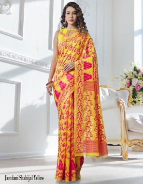 yellow fabric - pure cotton | light weight soft silk | pattern - dhakai - jamdani - handloom woven - tranparant - checkered - half & half | blouse - plain blouse | saree length - 5.50| blouse - 1 m fabric printed work festive 