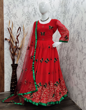 red gown - georgette with embroidery design work | inner - crap silk | dupatta - net with embroidery | size - xl full stitch  fabric embroidery work festive 