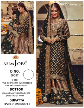 black top - faux georgette embroidered with heavy handwork | sleeves - embroidered | bottom - jacquard with embroidered sattin | inner - heavy dull santoon | dupatta - nazmeen emboridered [ pakistani copy ] fabric heavy handwork + heavy embroidery work wedding 