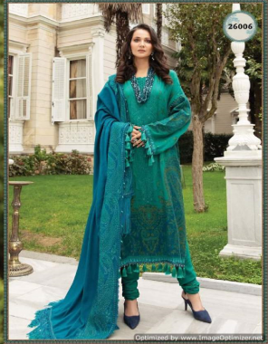 sky blue top - lawn cotton dig print with heavy embroidery 2 patch each suit | bottom - cotton lawn dyed ( 26001 - bottom print ) | dupatta - pure pak lawn print [ pakistani copy ] fabric heavy embroidered work festive 