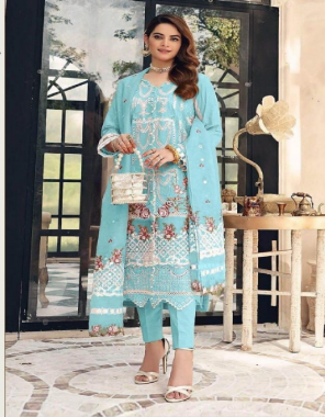sky blue top - cambric cotton | bottom - poly cotton | dupatta - net [ pakistani copy ] fabric embroidery work casual 