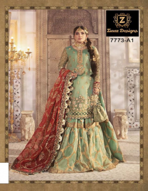 pista 7773a1 - green gharara - organza top with handwork and embroidery all over - velvet border on sleeves and daaman with fancy lace | organza bottoms with embroidery and santoon inner | organza embroidered dupatta with velvet borderes | 7773 b1 - red hot | georgette top with heavy embroiderey and 3d work pearls sequance and handwork for neck and sleeves | chiffon embroidered pearls dupatta | bottoms on santoon with seqance work | 7773 c1 - white beauty | georgette heavy work top with pearls | flowers and handwork | santoon and bottoms with patch | chiffon embroidered dupatta and pearls [ pakistani copy ] fabric heavy embroidery work party wear 