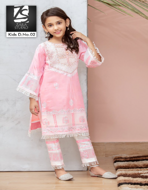 pink top - pure georgette | inner - santoon | bottom - pure strachable cotton [ pakistani copy ] [ size - 26 ( l) approx age 8 to 9 years | size - 30 ( 2xl ) approx age 10 to 11 years ] fabric embroidery work casual 