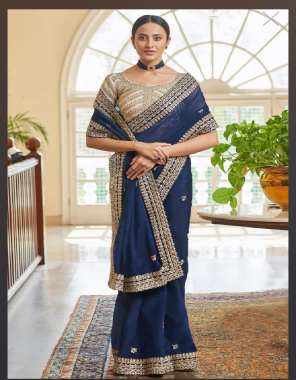 navy blue saree - georgette | blouse - banglory [ master copy ] fabric embroidery work ethnic 