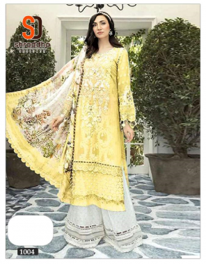 yellow top - lawn cotton printed with heavy embroidery 7 patch | bottom - semi lawn print with work | dupatta - chiffon printed [ pakistani copy ] fabric heavy embroidery work festive 