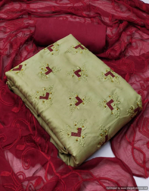 pista top - zora silk with work ( 2.5 m) | bottom - santoon ( 2 m ) | dupatta - nazmeen with work ( 2.20m) fabric embroidery work festive 