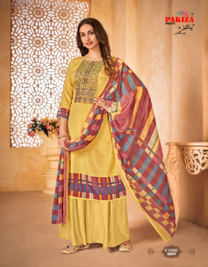 yellow top - royal crep designer top neck embroidery ( 2.45 m) | bottom - royal crep dyed ( 2.25 m) | dupatta - georgette printed dupatta ( 2.25 m) fabric embroidery work casual 
