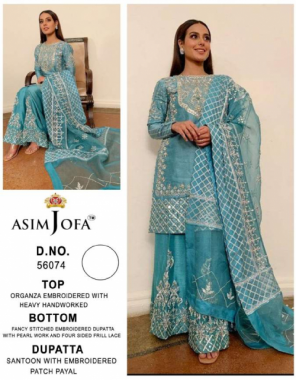 sky blue top - organza embroidered with heavy hand embroidered worked | bottom - fancy stitched embroidered dupatta with pearl work and four sided frill lace | dupatta - santoon with embroidered patch payal [ pakistani copy ] fabric embroidery work casual 
