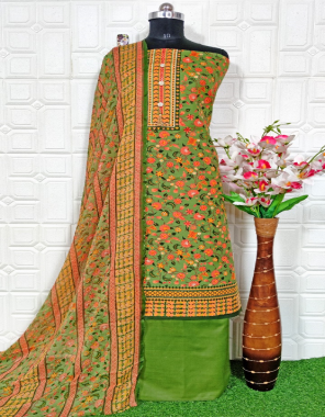 parrot green top - imorted cotton with fancy long top with button lutkan ( 2.40 m) | bottom - imported cotton ( 2.40 m) | dupatta - chiffon dupatta print (2.25 m) fabric printed work casual 