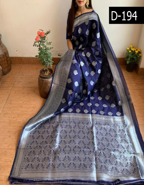 navy blue saree - soft lichi silk | blouse - woven with jacquard border | cut - 6.30 m fabric jacquard work ethnic 