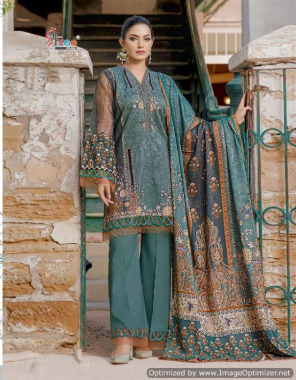 rama blue top - pure cotton print with embroidery patch | bottom - semi lawn | dupatta - cotton [ pakistani copy ] fabric printed work festive 
